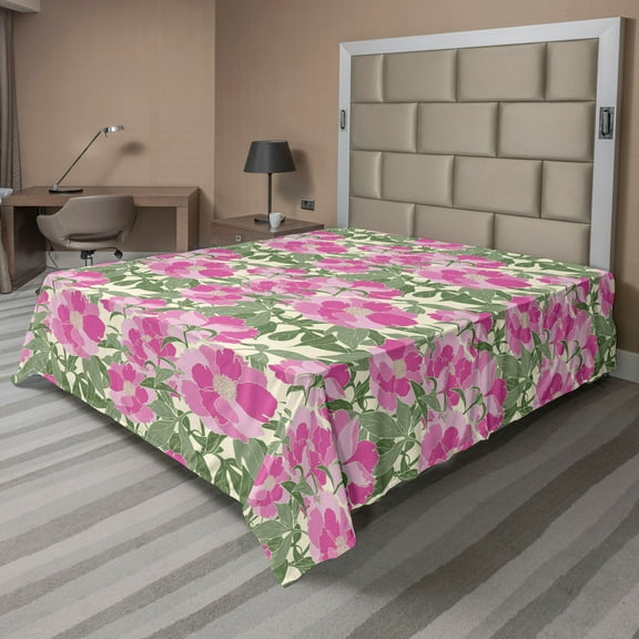 Ambesonne Floral Flat Bedding Sheet Soft Top Sheet, Vintage Roses Nature Plot, California King, Soft Pink and Sage Green