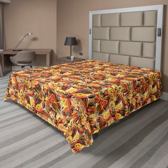 Ambesonne Floral Flat Bedding Sheet Soft Top Sheet, Warm Flowers Watercolor Art, California King, Earth Yellow Pale Orange