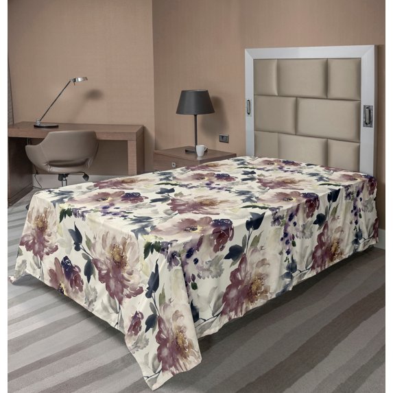 Ambesonne Floral Flat Bedding Sheet Soft Top Sheet, Watercolor Nature Art Floral, Twin XL, Ivory Dark Mauve