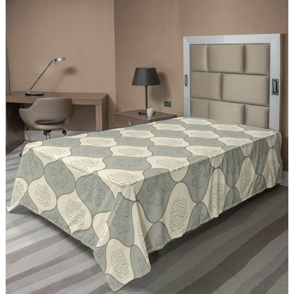 Ambesonne Floral Flat Bedding Sheet Soft Top Sheet, Wavy Vintage Motif Nostalgia, Twin, Cream Grey Teal