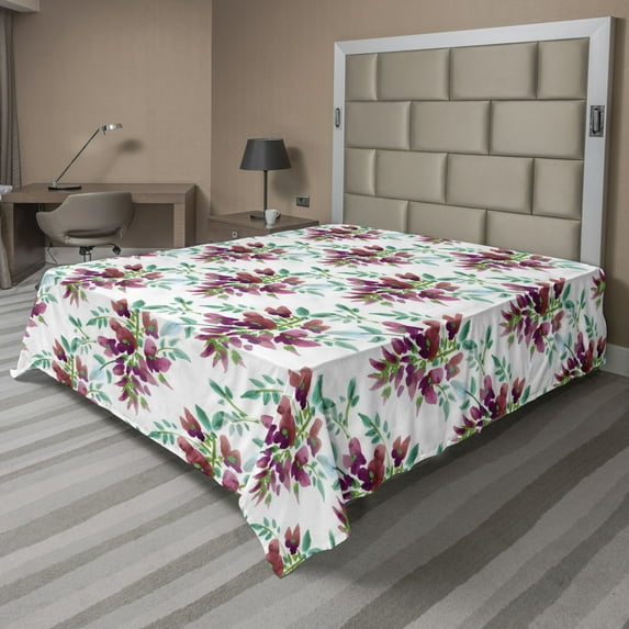 Ambesonne Floral Flat Bedding Sheet Soft Top Sheet, Wistaria Flowers Repeating, Full, Pistachio Green and Ruby