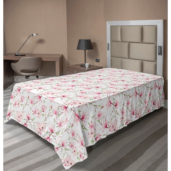 Ambesonne Floral Flat Sheet, 3D Design of Magnolia, Twin Size, Multicolor