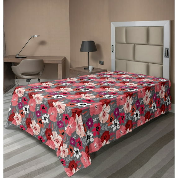 Ambesonne Floral Flat Sheet, 50's Style Bold Flowers Art, Twin Size, Multicolor