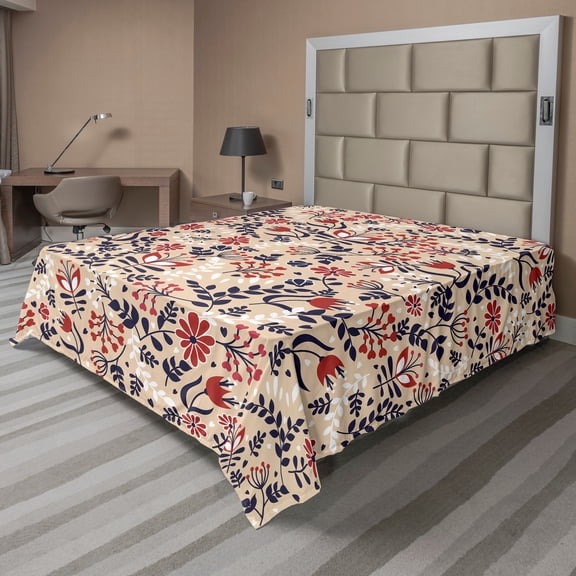 Ambesonne Floral Flat Sheet, Abstract Blossoms Leaves, California King, Beige Red White