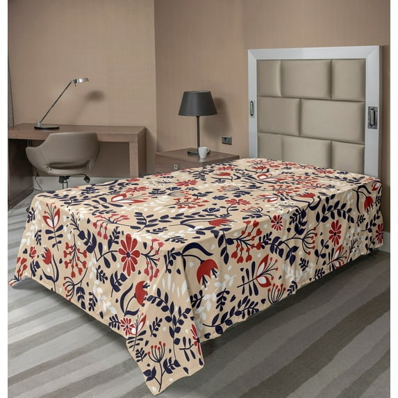 Ambesonne Floral Flat Sheet, Abstract Blossoms Leaves, Twin Size, Beige Red White