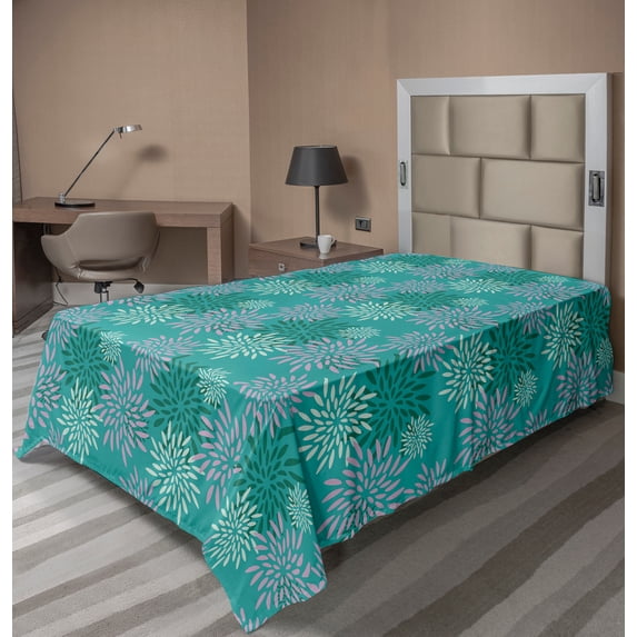 Ambesonne Floral Flat Sheet, Abstract Flower Petals Retro, Twin Size, Turquoise and Teal