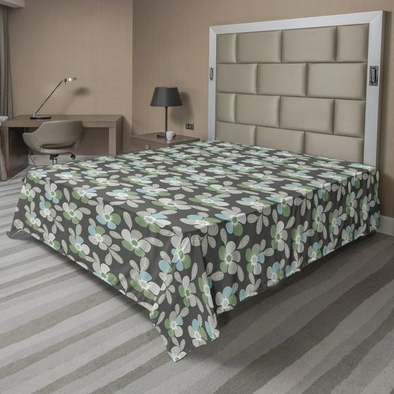 Ambesonne Floral Flat Sheet, Abstract Flowers and Leaves, California King, Grey Pale Sage Green