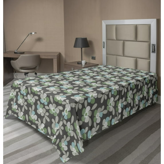 Ambesonne Floral Flat Sheet, Abstract Flowers and Leaves, Twin Size, Grey Pale Sage Green