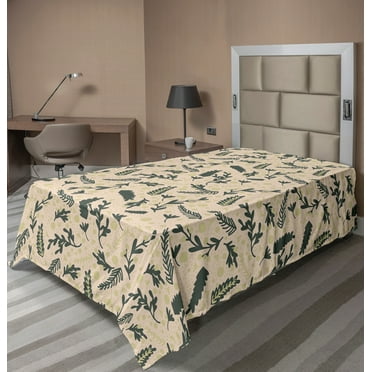 Ambesonne Floral Flat Sheet, Abstract Leaves and Dots, Twin Size, Champagne Reseda Green
