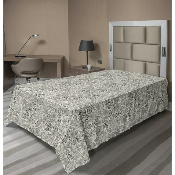 Ambesonne Floral Flat Sheet, Abstract Monochrome Flowers, TwinXL Size, Dark Sepia Eggshell
