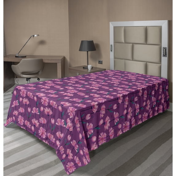 Ambesonne Floral Flat Sheet, Abstract Poppy Petals, Twin Size, Pink Fuchsia Green