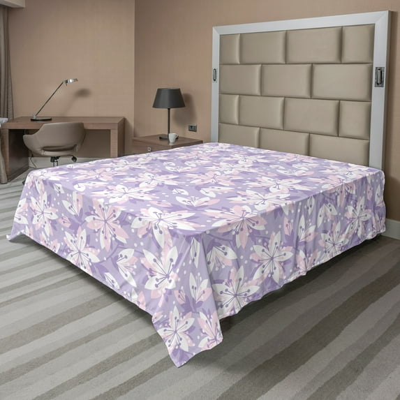 Ambesonne Floral Flat Sheet, Abstract Spring Flower Motif, California King, Pastel Purple Lavender