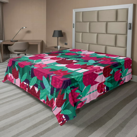 Ambesonne Floral Flat Sheet, Abstract Tulips Flowers, Full Size, Jade Green and Red