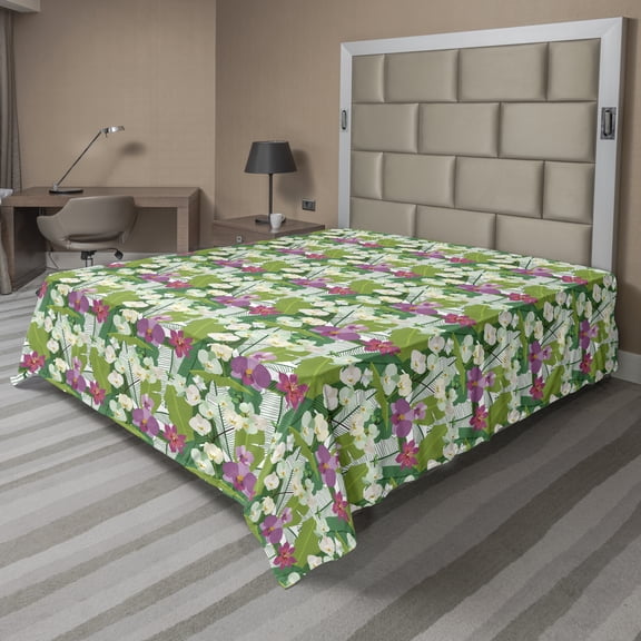 Ambesonne Floral Flat Sheet, Aloha Themed Exotic, King Size, Forest Green Multicolor