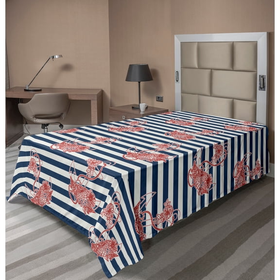 Ambesonne Floral Flat Sheet, Anchor Striped Backdrop, Twin Size, White Blue and Red