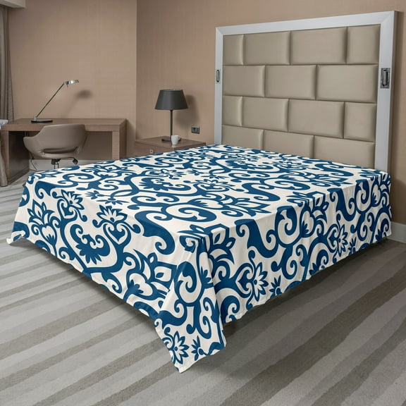 Ambesonne Floral Flat Sheet, Antique Damask Curvy Art, Full Size, Blue White