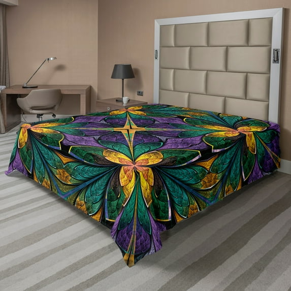 Ambesonne Floral Flat Sheet, Antique Window Style, California King, Green Purple