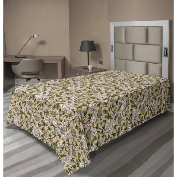 Ambesonne Floral Flat Sheet, Apple Blossoms and Birds, Twin Size, Pale Mustard and Multicolor