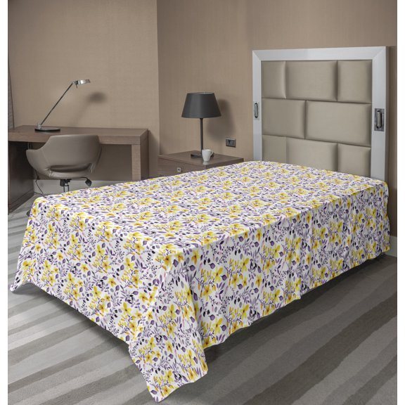 Ambesonne Floral Flat Sheet, Aquarelle Folaige Petals, Twin Size, Purple and Yellow