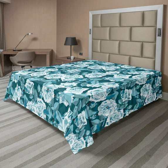 Ambesonne Floral Flat Sheet, Aquatic English Rose Flowers, King Size, Dark Teal and Multicolor