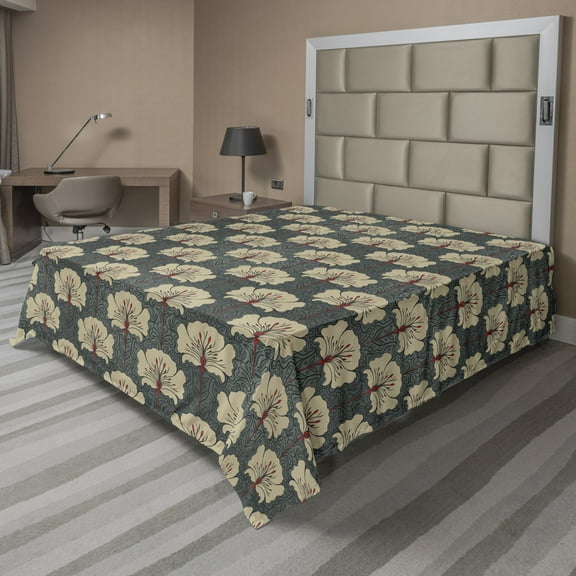 Ambesonne Floral Flat Sheet, Art Nouveau Poppies, Queen Size, Tan Grey Vermilion