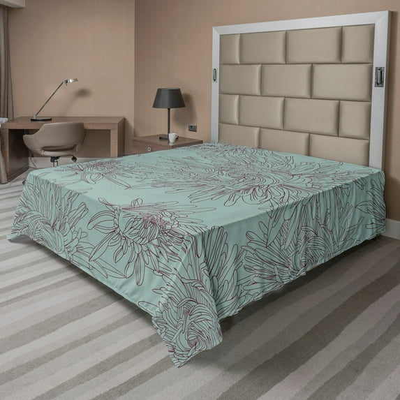 Ambesonne Floral Flat Sheet, Aster Blossoms Art, King Size, Dark Sea Green Maroon