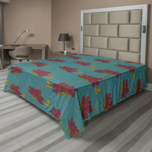Ambesonne Floral Flat Sheet, Autumn Flower Leaves Art, Full Size, Teal Dark Pink