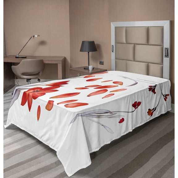 Ambesonne Floral Flat Sheet, Autumn Flowers Petals, TwinXL Size, Red Purplegrey