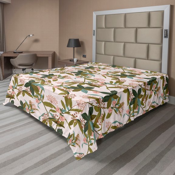 Ambesonne Floral Flat Sheet, Autumn Leaves Wild Flowers, King Size, Pale Mauve Multicolor