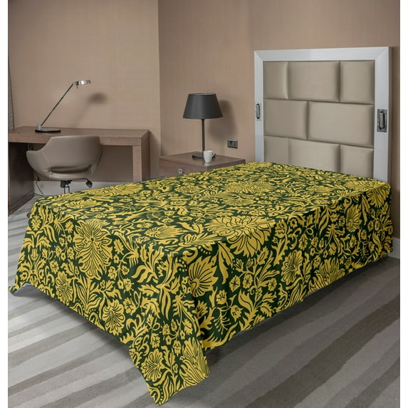 Ambesonne Floral Flat Sheet, Baroque Flowers Motif, TwinXL Size, Green Earth Yellow