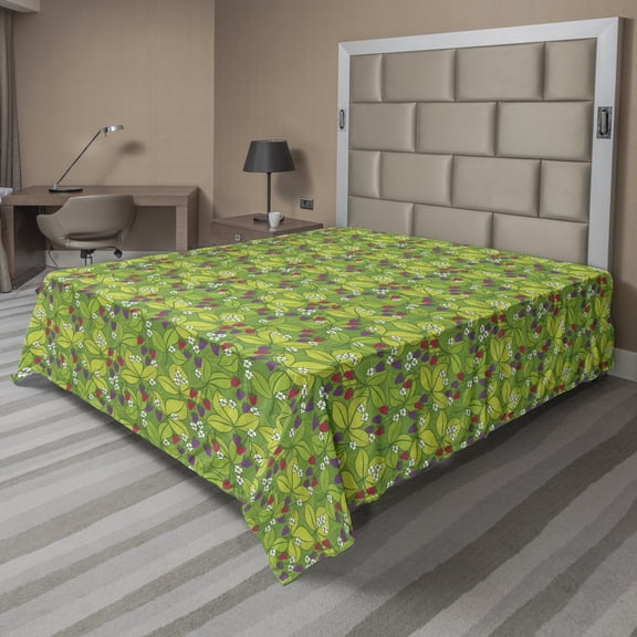 Ambesonne Floral Flat Sheet, Berries Leaves and Flowers, California King, Lime Green Multicolor