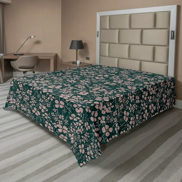Ambesonne Floral Flat Sheet, Bicolor Spring Meadow Flora, California King, Hunter Green Grey Pink