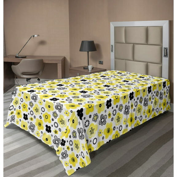 Ambesonne Floral Flat Sheet, Bicolour Spring Flowers, TwinXL Size, Yellow Indigo