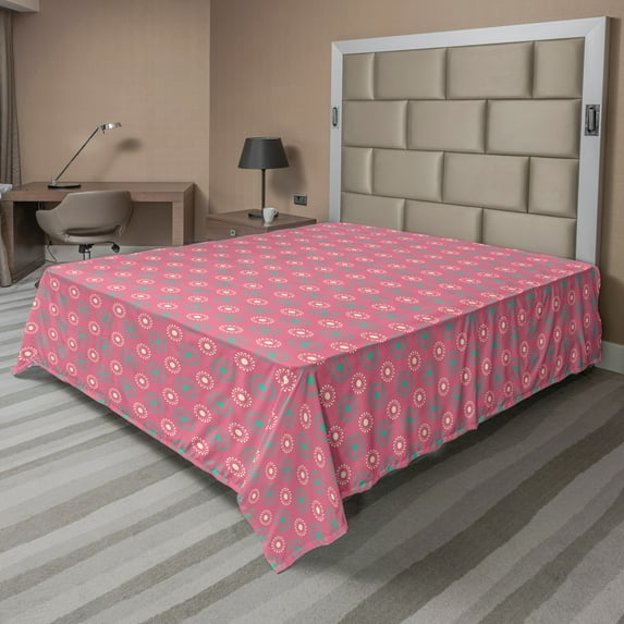 Ambesonne Floral Flat Sheet, Big Small Flower Motifs, Full Size, Pink Teal White