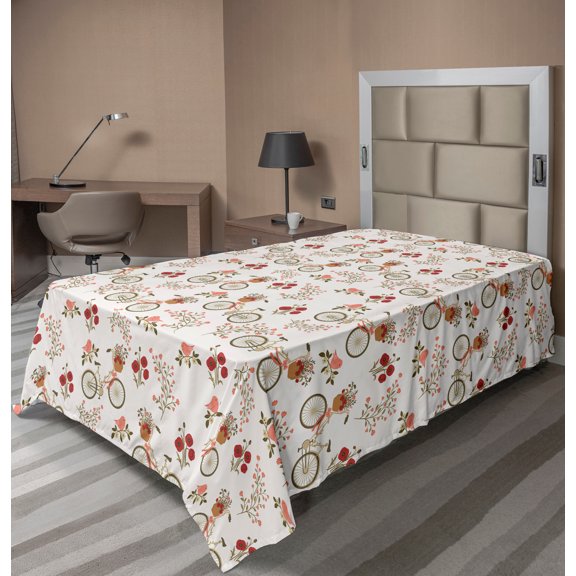 Ambesonne Floral Flat Sheet, Bikes Poppy Flowers, TwinXL Size, Multicolor