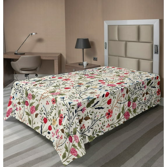 Ambesonne Floral Flat Sheet, Birds Roses Polka Dots, Twin Size, Multicolor