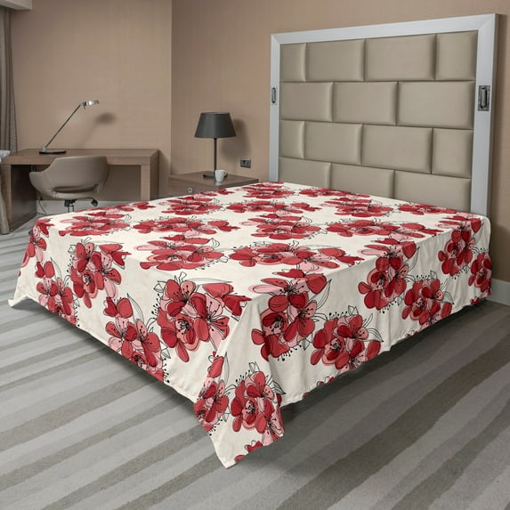 Ambesonne Floral Flat Sheet, Birth of the Nature Design, Full Size, Ruby Pale Pink Cream