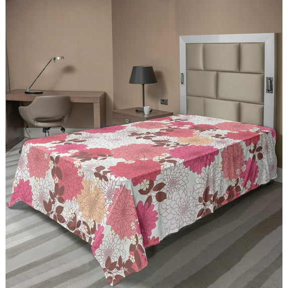 Ambesonne Floral Flat Sheet, Bloom Bouquet Romance, Twin Size, Pink Grey