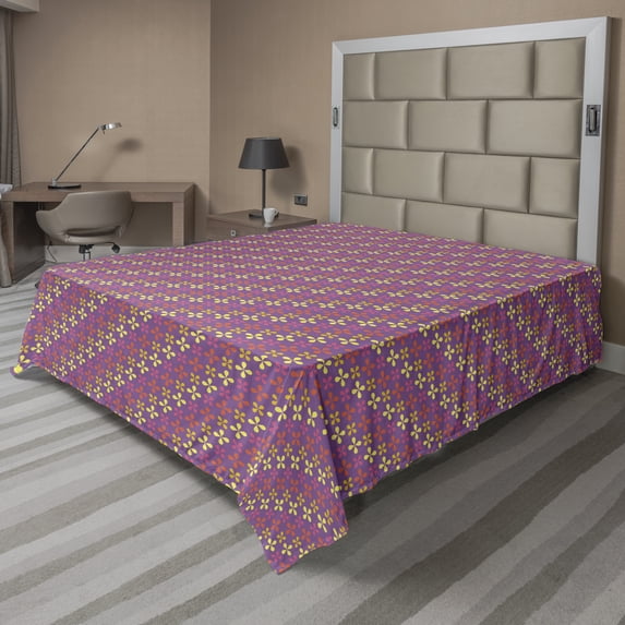 Ambesonne Floral Flat Sheet, Blooming 4 Petal Flowers, California King, Purple Multicolor