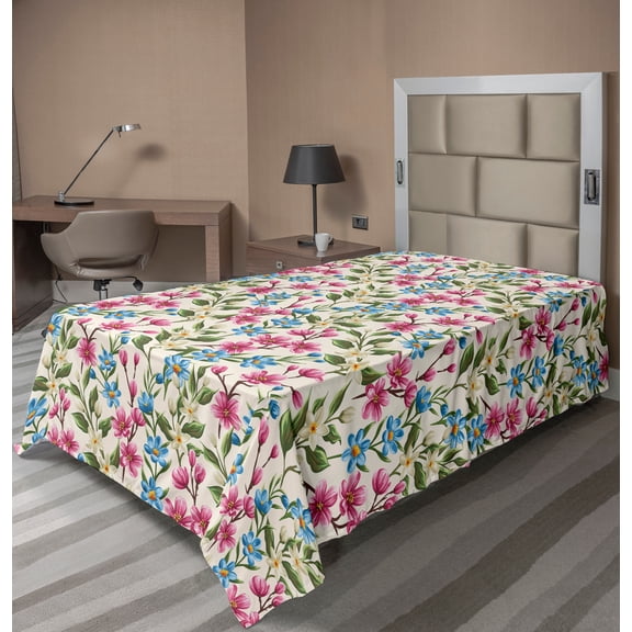 Ambesonne Floral Flat Sheet, Blooming Flowers Bouquet, Twin Size, Yellow Pink Blue