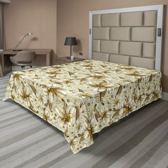 Ambesonne Floral Flat Sheet, Blooming Flowers Petals, King Size, White Yellow Beige