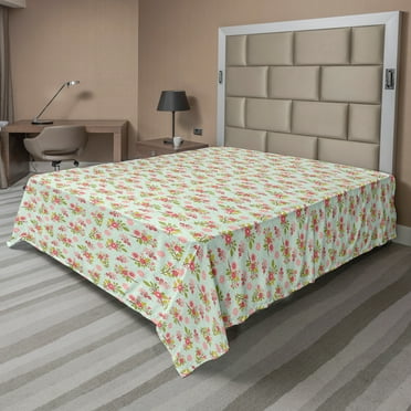 Ambesonne Floral Flat Sheet, Blooming Flowers and Leaves, Queen Size, Almond Green Umber