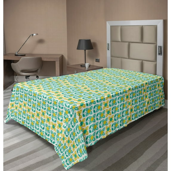 Ambesonne Floral Flat Sheet, Blooming Happy Time Flowers, TwinXL Size, Seafoam and Yellow