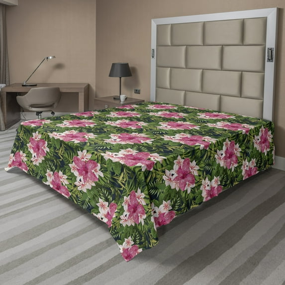 Ambesonne Floral Flat Sheet, Blooming Hawaiian Jungle, King Size, Multicolor