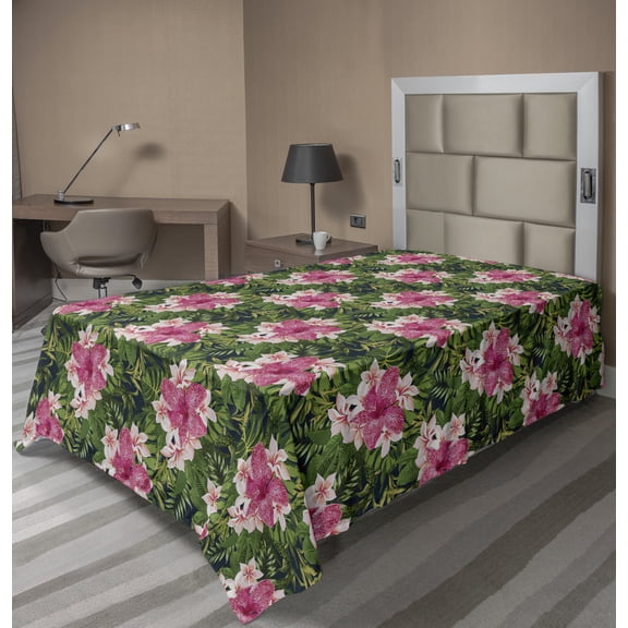 Ambesonne Floral Flat Sheet, Blooming Hawaiian Jungle, TwinXL Size, Multicolor