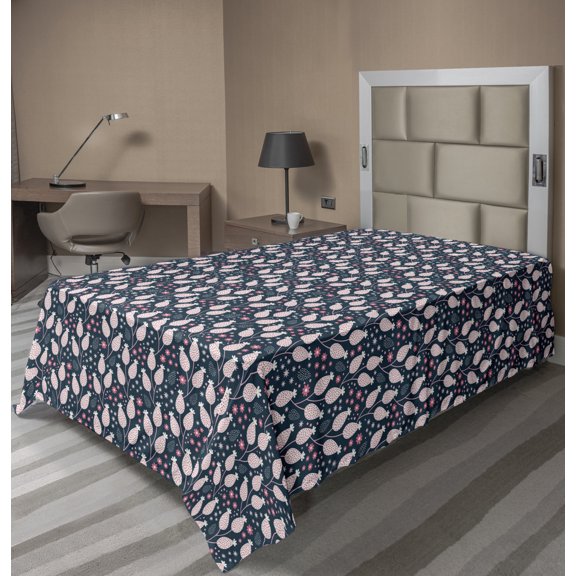 Ambesonne Floral Flat Sheet, Blooming Petals Dots, TwinXL Size, Dark Blue Pink and White