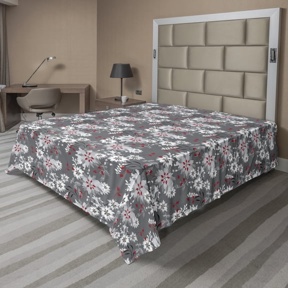 Ambesonne Floral Flat Sheet, Blooming Spring Nature, King Size, Pale Grey Vermilion Grey