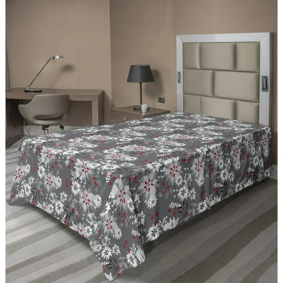 Ambesonne Floral Flat Sheet, Blooming Spring Nature, Twin Size, Pale Grey Vermilion Grey