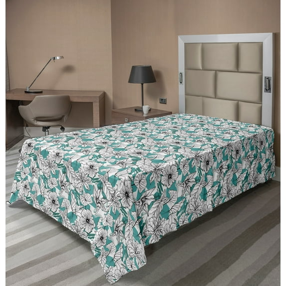 Ambesonne Floral Flat Sheet, Blooming Tropical Flowers, TwinXL Size, Seafoam Charcoal Grey