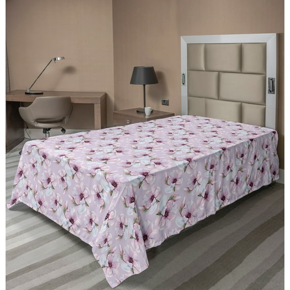 Ambesonne Floral Flat Sheet, Blooming Watercolor Flower, TwinXL Size, Purple and Reseda Green